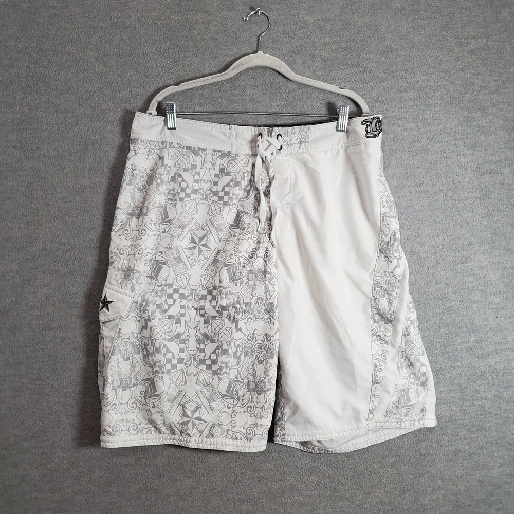 Infamous Men Swimwear‎ 36 White Trunks Y2K Boombox Diamond Check Drawstring